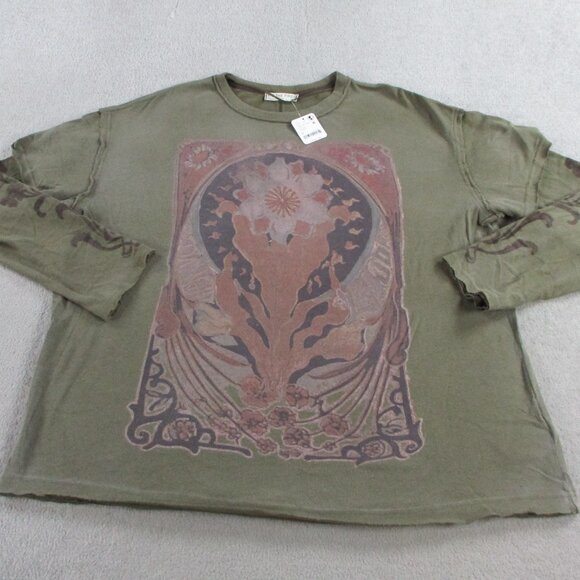 We The Free Shirt Womens Medium Green Fiona Twofer Long Sleeve Grungy Floral Tee - Picture 3 of 12